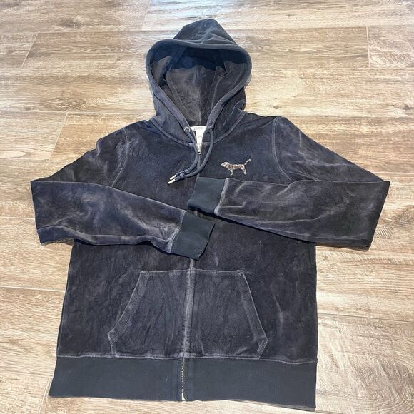 Victoria’s Secret Pink Hoodie Medium Black Gold Sequin Bling Vintage Full Zip - Picture 6 of 16